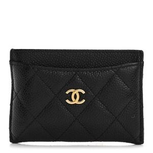 CHANEL Black Quilted Card Holder with Gold Logo